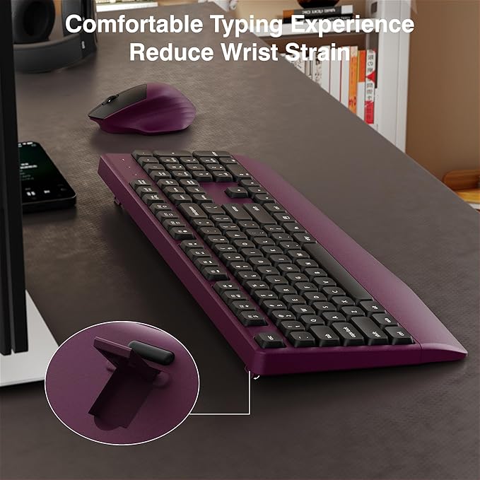 Wireless Keyboard and Mouse Combo, Full-Sized 104 Keys 2.4GHz Wireless Keyboard with Palm Rest and Wireless Mouse for Windows, Mac OS PC/Computer/Laptops/Desktops(Burgundy)