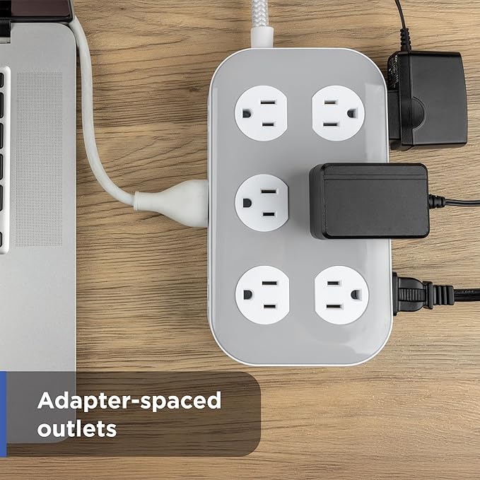 GE UltraPro 12-Outlet Surge Protector, 2100 Joules, 4ft Braided Extension Cord, Flat Plug, Power Strip with Wide-Spaced Outlets, Gray/White – 84670