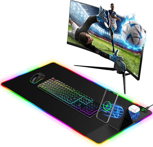 Mouse Pad with Foldable Phone Holder & Wireless Charger, XXL RGB Gaming Mousepad 31.5"x15.8" Large Desk Mat for Keyboard, Black Desk Pad with Dual Qi Charging Station | 11 Colors 5 Modes | Waterproof
