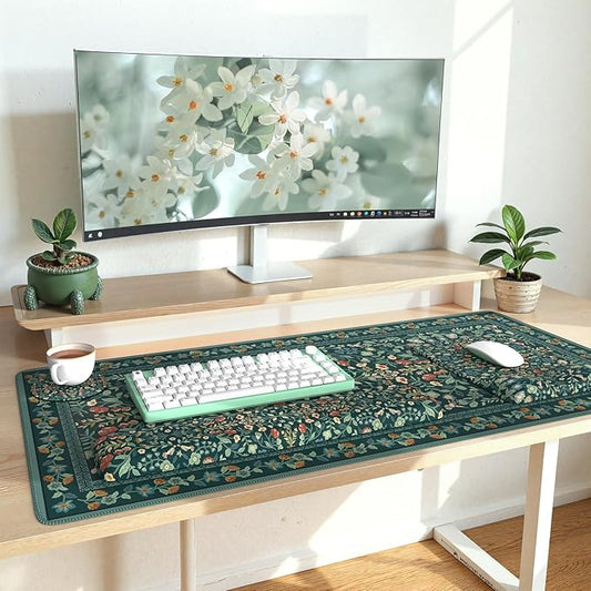 iLeadon Mouse Pad and Keyboard Wrist Rest, Extra Large Mouse Pad Set, Memory Foam Wrist Support for Keyboard, Ultra Smooth Dark Green Desk Mat Sets for Office Women(Floral)
