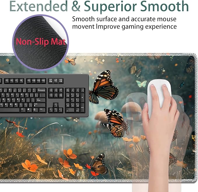 Large Gaming Mouse Pad + Keyboard Wrist Rest + Wrist Support + Coaster Set, Memory Foam Ergonomic for Easy Typing, XXL Extended Gaming Mouse Pad Table Pad - Mushroom Forest Butterfly