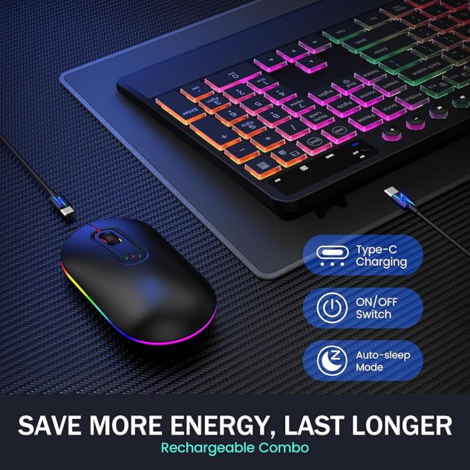 Wireless Keyboard and Mouse Combo - Dual System RGB Backlit Mouse and Keyboard,2.4G Rechargeable,Full-Sized Ergonomic Silent Design with Phone Holder for Windows Mac PC Laptop (Black-V2)
