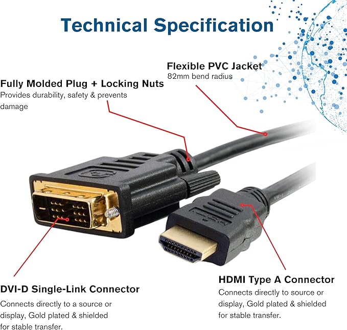 C2G/ Cables To Go C2G DVI to HDMI Cable, HDMI Adapter, DVI-D Male to HDMI Male, 1080p, Gold Plated for PS4 & PS3, 4.9 Feet (1.5 Meters), Black, Cables to Go 42515