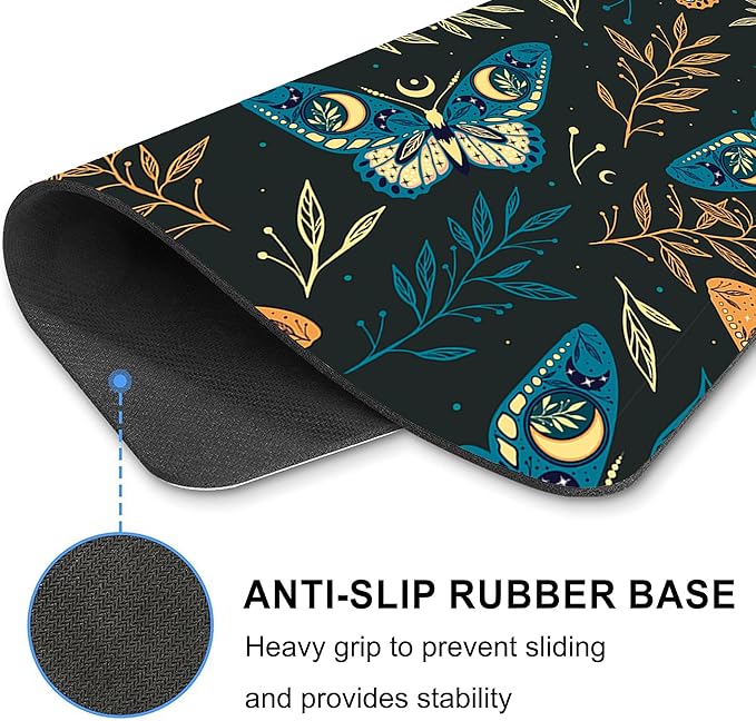 Bohemian Butterfly Mouse Pad Cute, Black Boho Moth Luna Moon Square Computer Mousepads Washable Nature Leaf Floral Mouse Mat Non-Slip Rubber Base for Gaming Office Laptop Wireless Mouse Desk Accessory