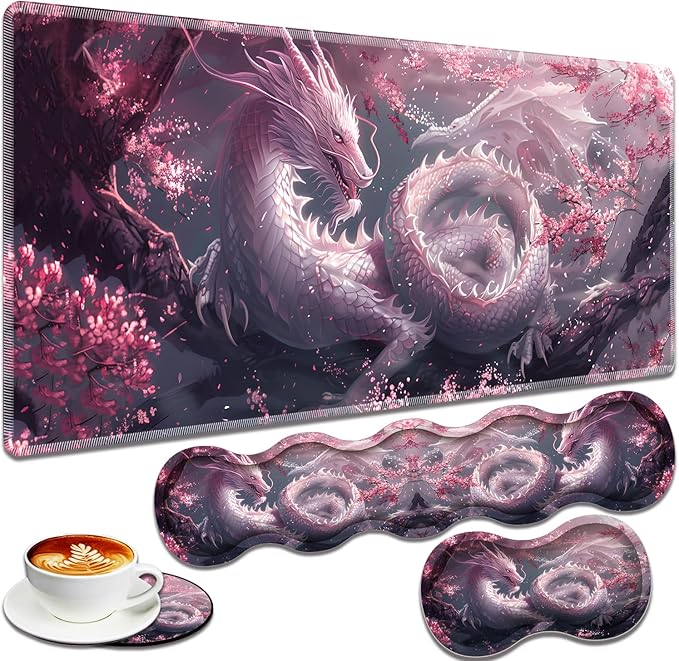 Large Gaming Mouse Pad + Keyboard Wrist Rest + Wrist Support + Coaster Set, Memory Foam Ergonomic for Easy Typing, XXL Extended Gaming Mouse Pad Table Pad - Cherry Pink Dragon
