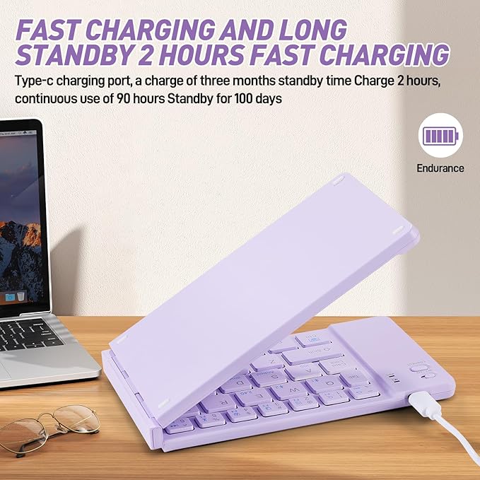 Foldable Mini Rechargeable Bluetooth Keyboard and Mouse Combo, 2.4G Wireless and Bluetooth,(Sync Up to 3 Devices), Ultra-Slim Travel Folding Keyboard for iPhone iPad Mac Android Windows iOS(Purple)
