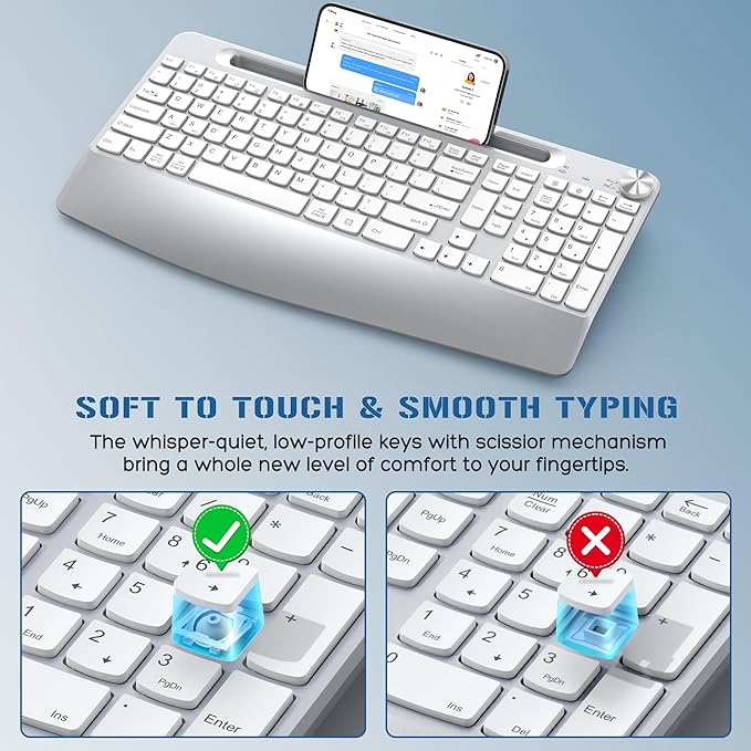JOYACCESS Ergonomic Wireless Keyboard Mouse Combo, Full Size Wireless Keyboard Designed with Phone Holder and Wrist Rest,Volume Roller for Computer Mac PC Laptop-Silver