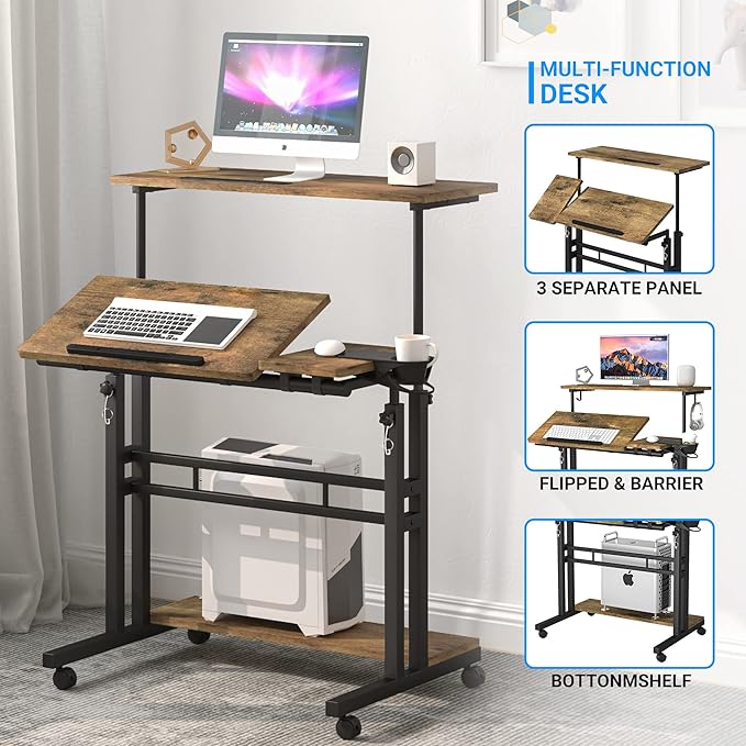 Mobile Standing Desk, Adjustable Rolling Computer Desk with 3 Desktops, Portable Laptop Table with Cup Holder, Home Office Laptop Workstation on Lockable Wheels, Black, Rustic Brown