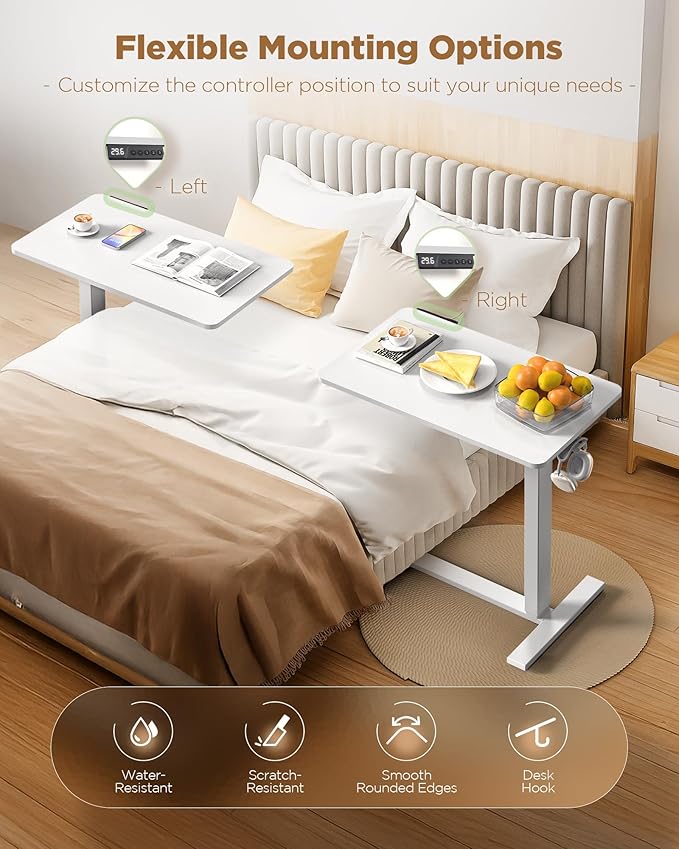 Overbed Bedside Table with Wheels, Electric Standing Desk Adjustable Height, Small Computer Desk for Home Office, Rolling Laptop Desk for Bed, Sofa, or Hospital Use (28"x16",White)