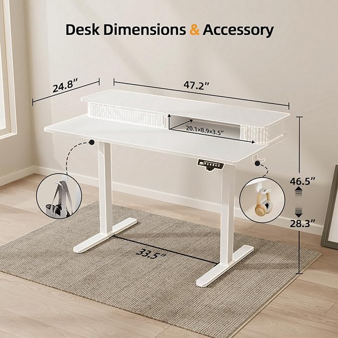 JOY worker Height Adjustable Electric Standing Desk with Storage Shelves, 48 Inch Table with Built-in Monitor Stand, Sit Stand Desk with 2 Hooks for Home Office, White