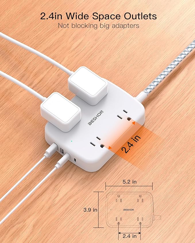 10FT Surge Protector Power Strip, Flat Extension Cord with 2 USB C, Flat Plug Power Strip, 4 Widely Outlets and 4 USB Charging Ports, Outlet Extender, 900 Joules, for Home Office Dorm Room Essentials