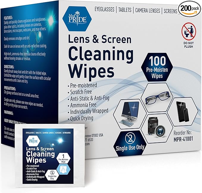 MED PRIDE Anti-Fog Lens and Screen Cleaning Wipes for Eyeglasses, Touch Screens, Premoistened, Anti-Static, Quick-Dry (200 200 Count (Pack of 1))