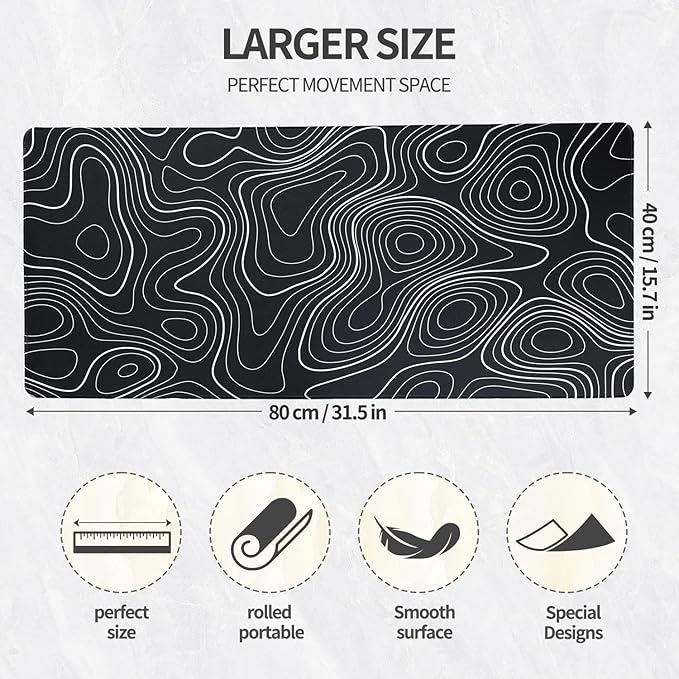 Bloss XL Topographic Mouse Pad Long Desk Mat, Black Mouse Keyboard Pad, Desk Pad, Large Gaming Mouse Mat Non-Slip Rubber (31.5 x 15.7 x 0.12 Inches)