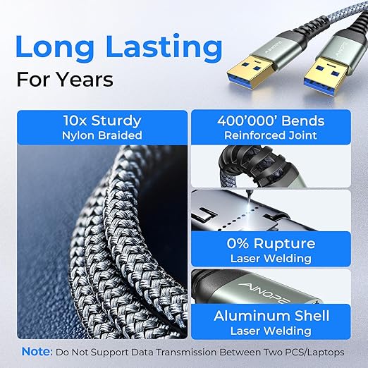 AINOPE USB to USB Cable, USB 3.0 A to A Male to Male Cable [Never Rupture] Double End Type A Cord Compatible with Hard Drive Enclosures, KVM, DVD Player, TV, Laptop Cooler,6.6Ft/Grey, 1 Pack