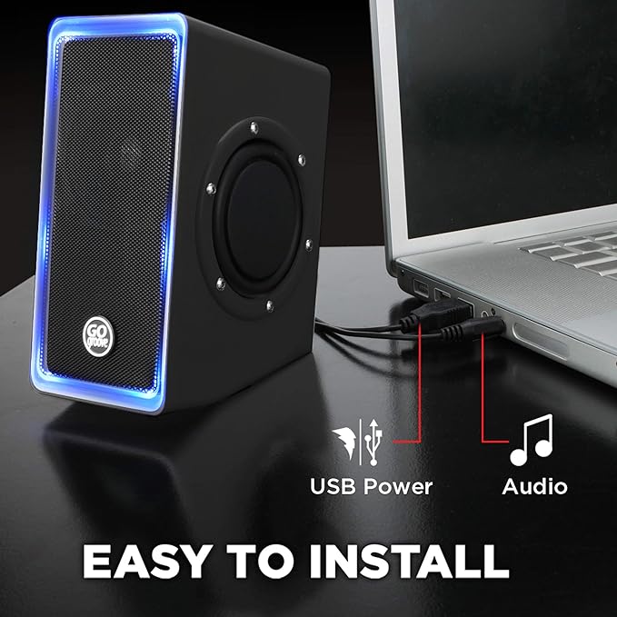 GOgroove Gaming Computer Speakers with Blue LED Light - SonaVERSE O2i Speakers for Desktop, Laptop, PC - USB Speaker 2.0 with AUX Input, in-Line Volume Control, Bass Stereo Sound, 14W (Black)