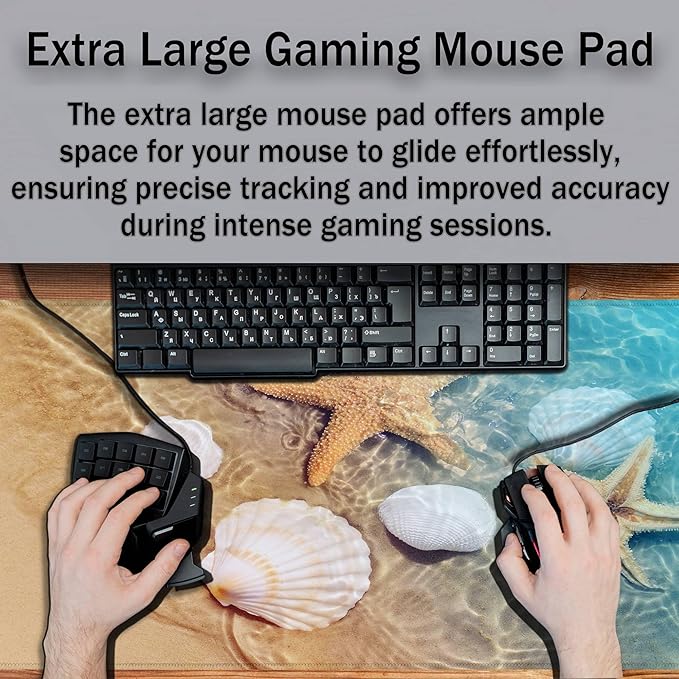 Large Mouse Pad Palm Starfish Seashell, Gaming Mouse Pads Office Desk Pads, Full Desk Mouse Pad Non-Slip Rubber Base, 35.4 X 15.7 inch for Work/Game/Office/Home Summer Beach Sea Sand Water