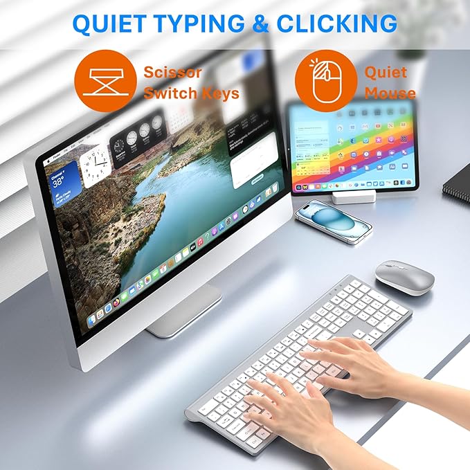 Wireless Keyboard and Mouse Combo, Full Size Keyboard and Mouse, Long Battery Life, Optical Mouse, 2.4G Lag-Free Cordless Mice Keyboard Set Ultra Slim Design for Computer, Laptop, PC, Windows (Silver)