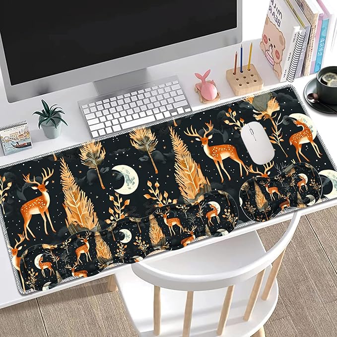 Large Gaming Mouse Pad + Keyboard Wrist Rest + Wrist Support + Coaster Set, Memory Foam Ergonomic for Easy Typing, XXL Extended Gaming Mouse Pad Table Pad - Forest Deer
