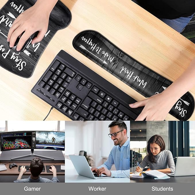 Keyboard Wrist Rest Pad and Ergonomic Mouse Pad Wrist Support Set Stay Positive Work Hard and Make It Happen for Gaming,Office, Comfortable and Pain Relief with Coaster Set