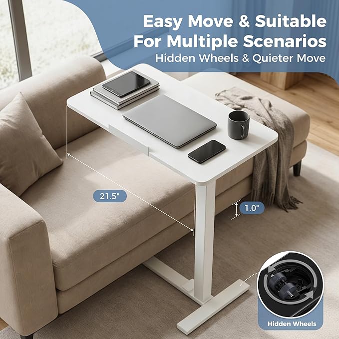 OLIXIS Mobile Standing Desk, Height-Adjustable Computer Cart with Pneumatic Lift, Portable Computer Workstation Cart for Bed, Couch, Office, Sofa, White