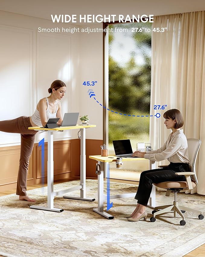 FLEXISPOT H7 Plus Gas Spring Adjustable Standing Desk, Mobile Rolling Sit-Stand Table with Wheels, Cordless Stand Up Desk for Small Spaces & Home Office, 48" One-Piece Desktop Maple,Height 27.6"–45"