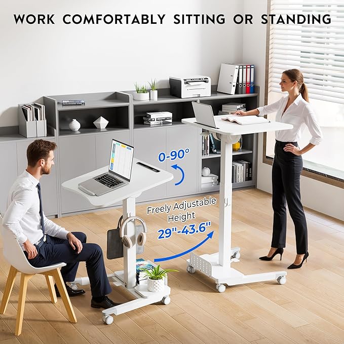 BONTEC Mobile Standing Desk Adjustable Height, Rolling Laptop Cart with Storage Shelf, Hooks, Portable Workstation with Pneumatic Lift, Ergonomic Compact Home Office Desk, White 23.6" x 20.5"