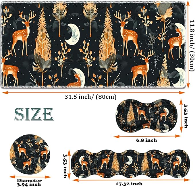 Large Gaming Mouse Pad + Keyboard Wrist Rest + Wrist Support + Coaster Set, Memory Foam Ergonomic for Easy Typing, XXL Extended Gaming Mouse Pad Table Pad - Forest Deer