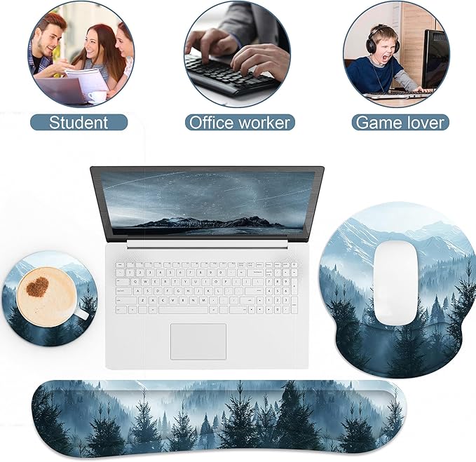 Ergonomic Mouse Pad with Wrist Rest and Keyboard Wrist Rest, Mousepad and Wrist Rest for Computer Keyboard, Pain Relief, Non-Slip Rubber Base, Mouse Pad with Wrist Support for Gaming, Cloud Forest