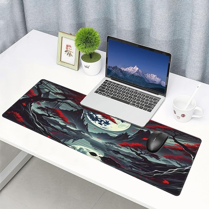 Japanese Dark Red Moon Desk Mat Large Gaming Mouse Pad Dark Red Moon Extended Mousepad Big in Laptop Computer Mouse Keyboard Mat for Office Desk Decor 31.5x12 in