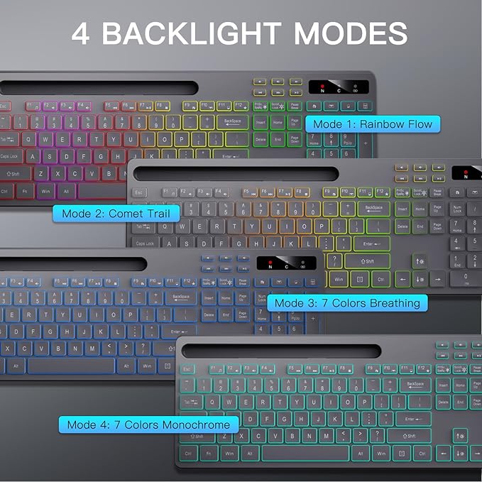 Wireless Keyboard with 7-Color RGB Backlit, Full-Size Computer Keyboard with Phone Tablet Holder, 2.4G Rechargeable Gaming Keyboard with Light Up Keys, Compatible with Mac, Windows (Grey)