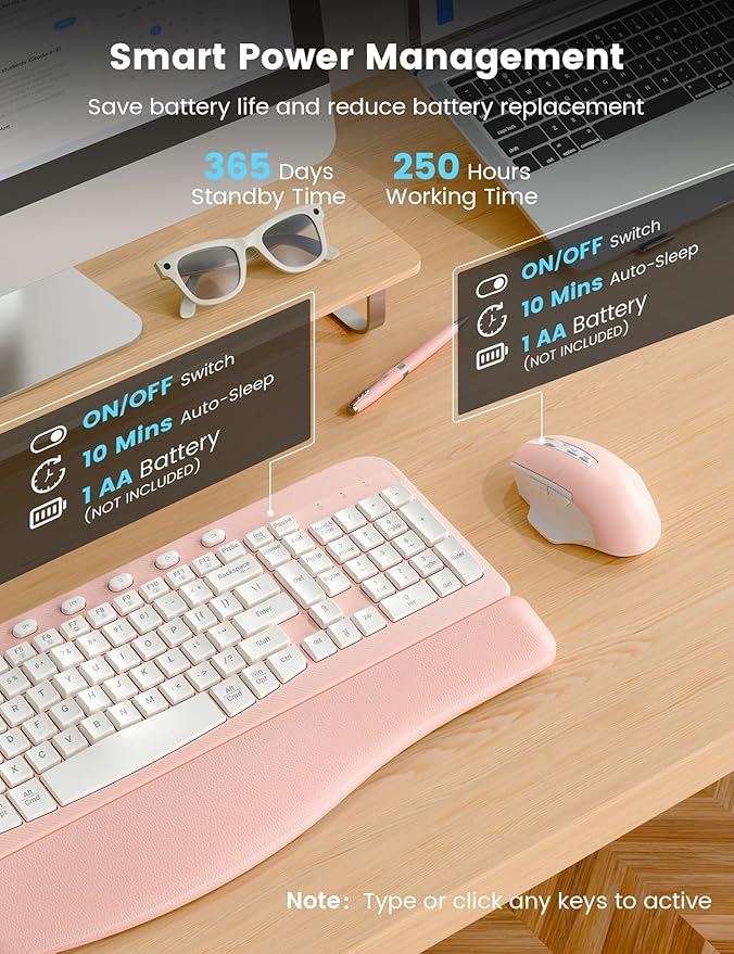 SABLUTE Wireless Keyboard and Mouse Combo, Ergonomic Wave Keys, Cushioned Plam Rest, Comfortable Silent Natural Typing, 2.4G Lag-Free, MA12 Full Size Keyboards Set for Multi-OS, Windows/Mac, Pink