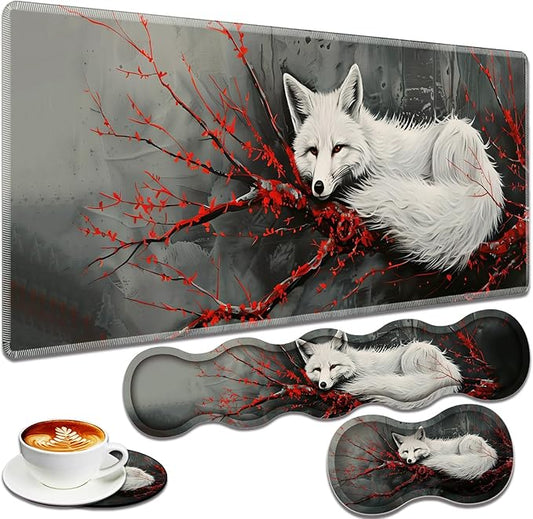 Large Gaming Mouse Pad + Keyboard Wrist Rest + Wrist Support + Coaster Set, Memory Foam Ergonomic for Easy Typing, XXL Extended Gaming Mouse Pad Table Pad - Red Branch and Fox