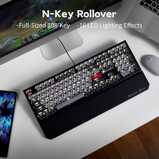Hexgears X5 Wireless Mechanical Keyboard, Dual-Mode 2.4G/USB-C Ergonomic Full Size 108 Keys Keyboard, Kailh Box 3.0 Tactile Switch, N-Key Rollover, Backlit Gaming Keyboards with Wrist Rest (Dark)