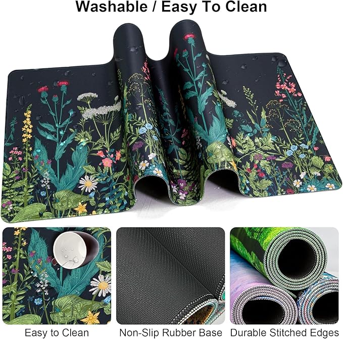 Keyboard Wrist Rest + Mouse Pad with Wrist Support + Desk Mat + Coaster 4 in 1 Set, XXL Large Gaming Mousepad Cute Ergonomic Mouse Pads for Desk Computer Laptop Office Decor-Little Flowers