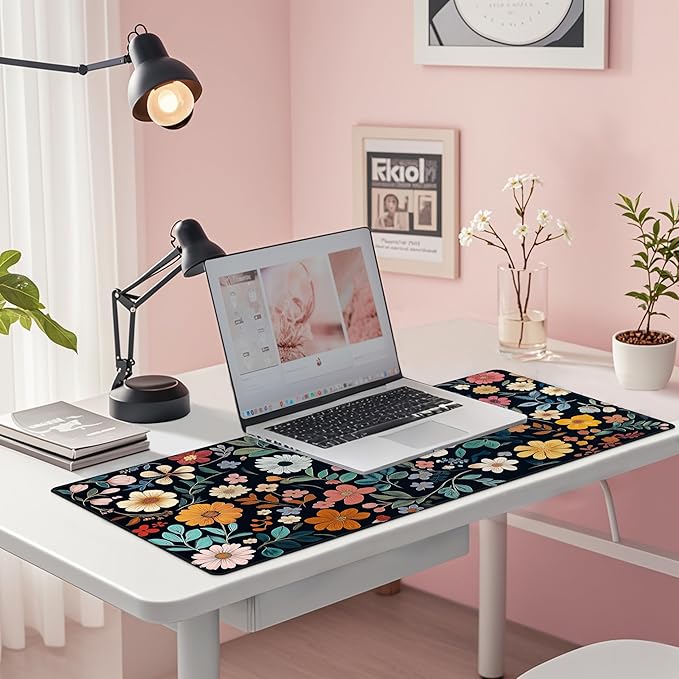 Baziabbo Floral Desk Mat,XXL Extended Big Mouse Pad,Gaming Mousepad with Stitched Edge,Non-Slip Rubber Base Keyboard Desk Pad for Home Office Study Game