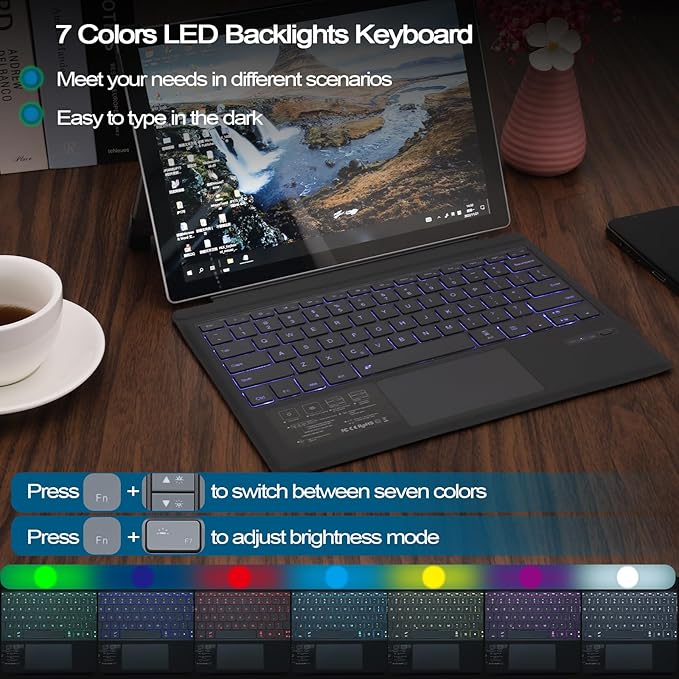 Surface Pro 7 Keyboard, Bluetooth Keyboard for Microsoft Surface Pro 7 Plus/ 7/6/ 5/4 /3, Multi-Gesture Touchpad, 7 Color Backlight, Magnetic Detachable