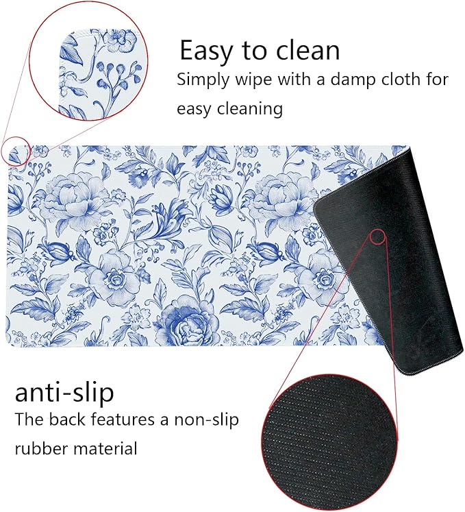 Blue Chinoiserie Mouse Pad,Blue and White Floral Desk Mat,XL Large Floral Preppy Trendy Mouse Pad,Girly Gaming Mousepad,Girly Laptop Desk Mat for Dorm Home Office Decoration,31.5x11.8 Inch