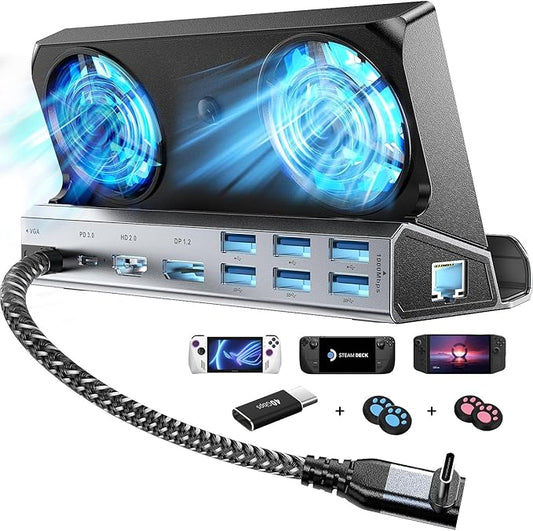 14-in-1 Steam Deck Docking Stationfor Steam Deck/Rog Ally/Switch/Legion Go Dual Cooling Fans 4K@60Hz,1080P 6 USB Ports,1000Mbps, 100W Type C Charing,DP1.2,40Gbps Adapter