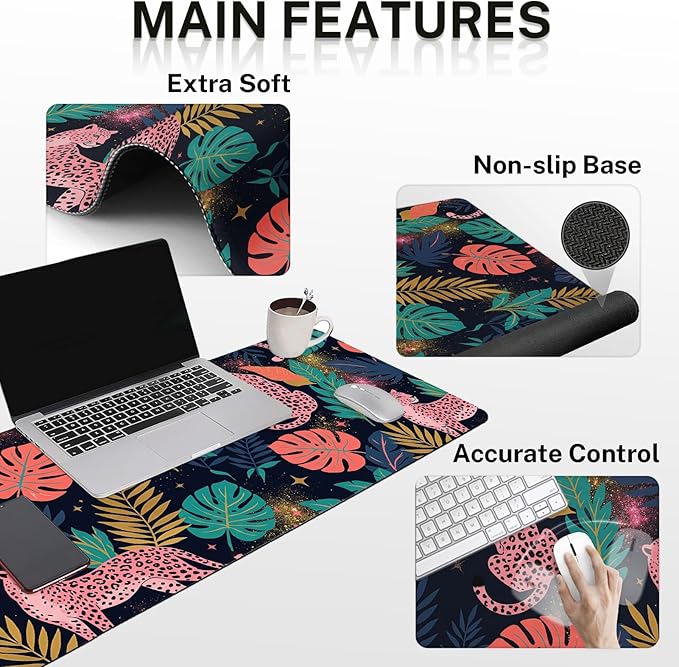 Arttown Leopard Tropical Pink Desk Mat Leaves Mouse Pad Set 4 in 1 Ergonomic Design Large Mouse Pad + Keyboard Wrist Rest + Mouse Wrist Rest + Coaster Suitable for Home Office Study Game