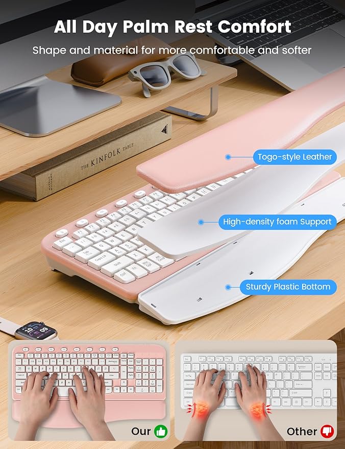 SABLUTE Wireless Keyboard and Mouse Combo, Ergonomic Wave Keys, Cushioned Plam Rest, Comfortable Silent Natural Typing, 2.4G Lag-Free, MA12 Full Size Keyboards Set for Multi-OS, Windows/Mac, Pink