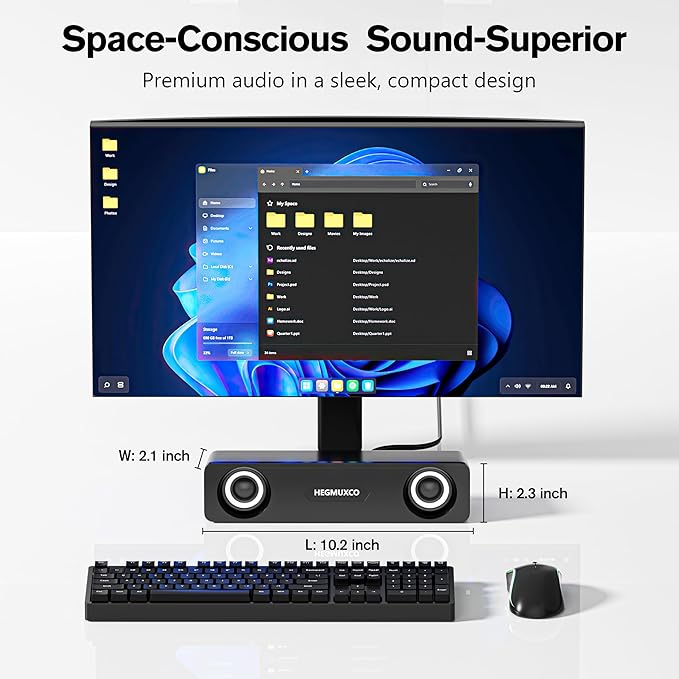 Compact PC Speakers for Desktop - 10W Wired Stereo Speaker with Volume Control Knob, USB Powered, 3.5mm Audio Input, Laptop Expertly Tuned Computer Soundbar with Deep Bass for Office, Home, and Gaming