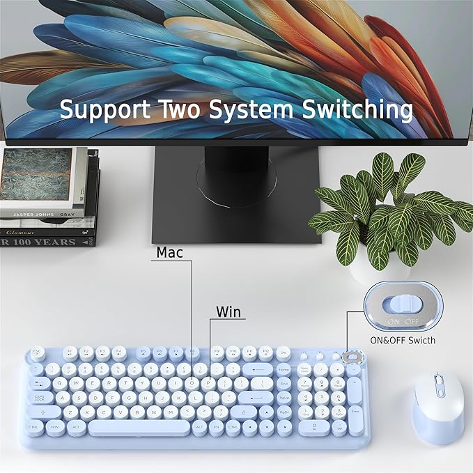 Wireless Keyboard and Mouse Combo, 2.4GHz USB Receiver, Plug and Play, Retro Full Size Typewriter Keyboard and Wireless Mouse for Computer, Laptop, Windows, Mac, and PC (Blue)