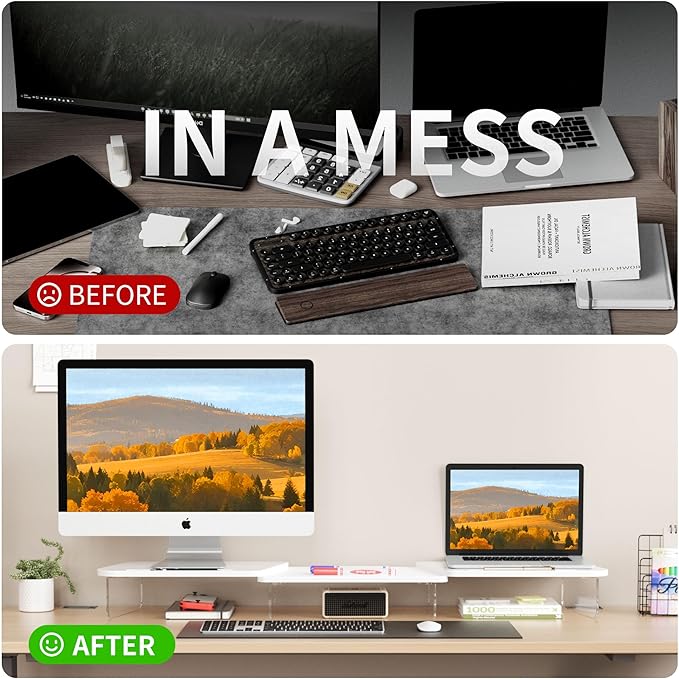 LED Dual Monitor Stand Riser for 2 Monitors,Office Desktop Wooden Stand Adjustable Length and Angle 3 Shelf,Extra Long Multifunctional Stand up to 39.3" for Computer,Laptop,TV,White