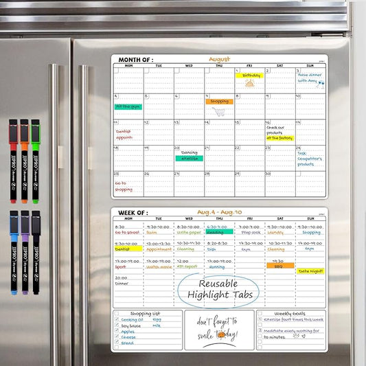 JJPRO Magnetic Dry Erase Calendar&54 Reuasble Sticky Highlight Tabs for Refrigerator-Reusable Monthly Calendar,Weekly Planner&Reuasble Sticky Highlight Tabs/Notes for Fridge-Starts Monday-16.5"x11"