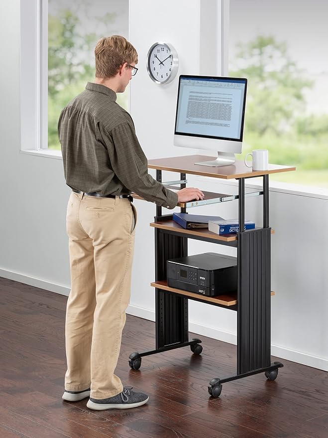 Safco 1929CY MUV Mobile Stand-Up Height-Adjustable Desk,Keyboard Storage, Steel Frame Construction, Durable Melamine Laminate Work Surface, 4 Wheels, Narrow Design