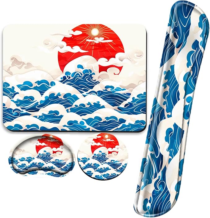 Sea Wave Mouse Pad with Wrist Support Japanese Memory Foam Keyboard Wrist Rest Ergonomic Mousepad Carpal Tunnel Typing Pain Relief Non-Slip Base Wrist Pad for Mouse Computer Women