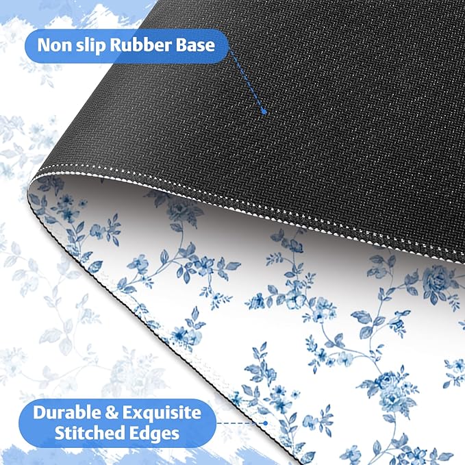 Mouse Pad, Cute Cool XXL Large Desk Mat for Desk Cover, Anti-Slip Big Mousepad with Stitched Edges, Keyboard Mat for Computer Desktop Table Protector I Delicate Blue Blossom