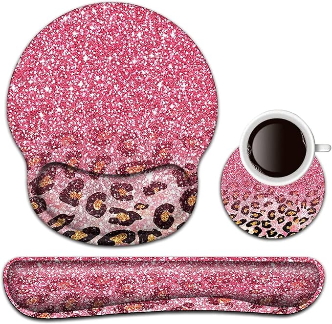 Keyboard Wrist Rest and Mouse Pad with Wrist Support, Ergonomic Mouse Pad Coaster,Easy Typing Pain Relief, Memory Foam Keyboard Mousepad Set, Pink Leopard