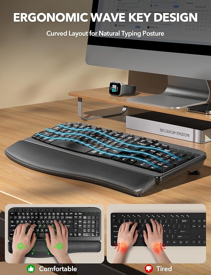 SABLUTE Wireless Keyboard, Ergonomic Wave Keyboards with Cushioned Wrist Rest, 2.4GHz USB Computer Wave Key Board for Windows, Mac, Chrome, PC, Laptop, Tablet - Black Full Size - Teclado Inalámbrico