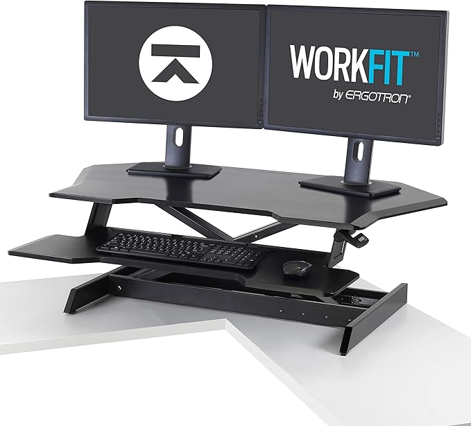 Ergotron – WorkFit Corner Standing Desk Converter, Dual Monitor Sit Stand Ergonomic Desk Riser for Tabletops – 44.8 Inch Width, Black